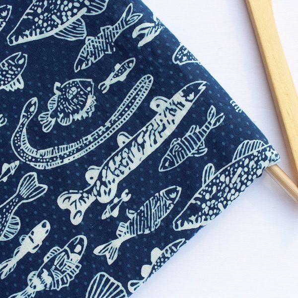 Indigo Fabric Fish Print Cotton Fabric By The Yard Hand Block Print Fabric Natural Vegetable Dyed Indian Soft Woman Clothing Fabric HBF#153