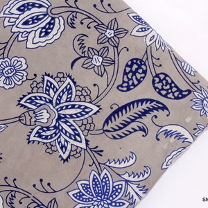 Grey fabric By The Yard GOTS Certified Cotton Organic Block Printed Natural Color Fabric, Floral Print Vegetable Dye Soft Fabric GOTS#02