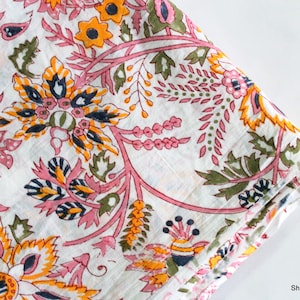 Tessuto stampato a blocchi indiani, tessuto di cotone con stampa floreale, tessuto di cotone voile, tessuto estivo per abbigliamento casual da donna, tagliato su misura