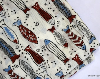 Fish Print Fabric Cotton Fabric Block Printed Voile Fabric Dressmaking Light Weight Soft Cotton Indian Fabric By The Yard HBF#34