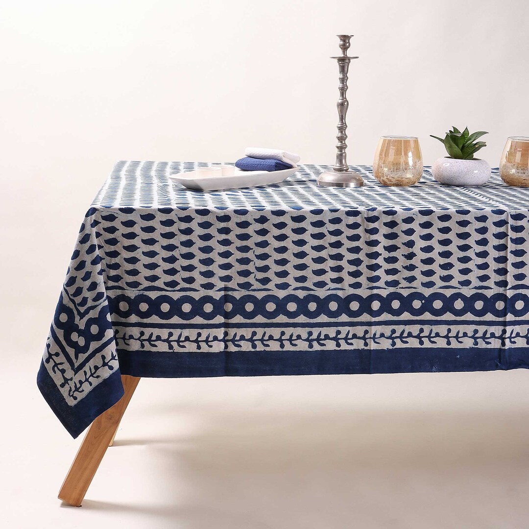 Indian Tablecloth Blue Dyed Indian Floral Hand Block Printed Cotton