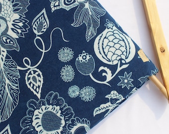 Indigo Cotton Fabric, Floral Hand Block Print Fabric by the Yard, Natural Dye Dress Fabric HBF#152