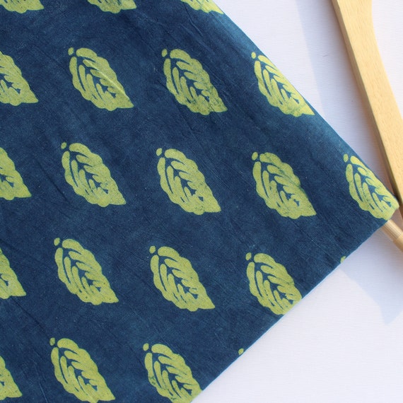 Hand Block Print Cotton Fabric Leaf Printed Indigo Fabric Natural Vegetable Dye Indian Fabric, Woman Clothing Sewing Fabric By Yard HBF#156