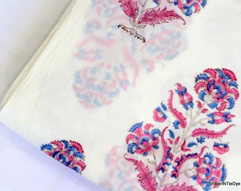 White Block Print Fabric Cotton voile Fabric Sold By Yard Light Weight Soft Dressmaking Fabric, Indian Sanganeri Print Fabric HBF#39