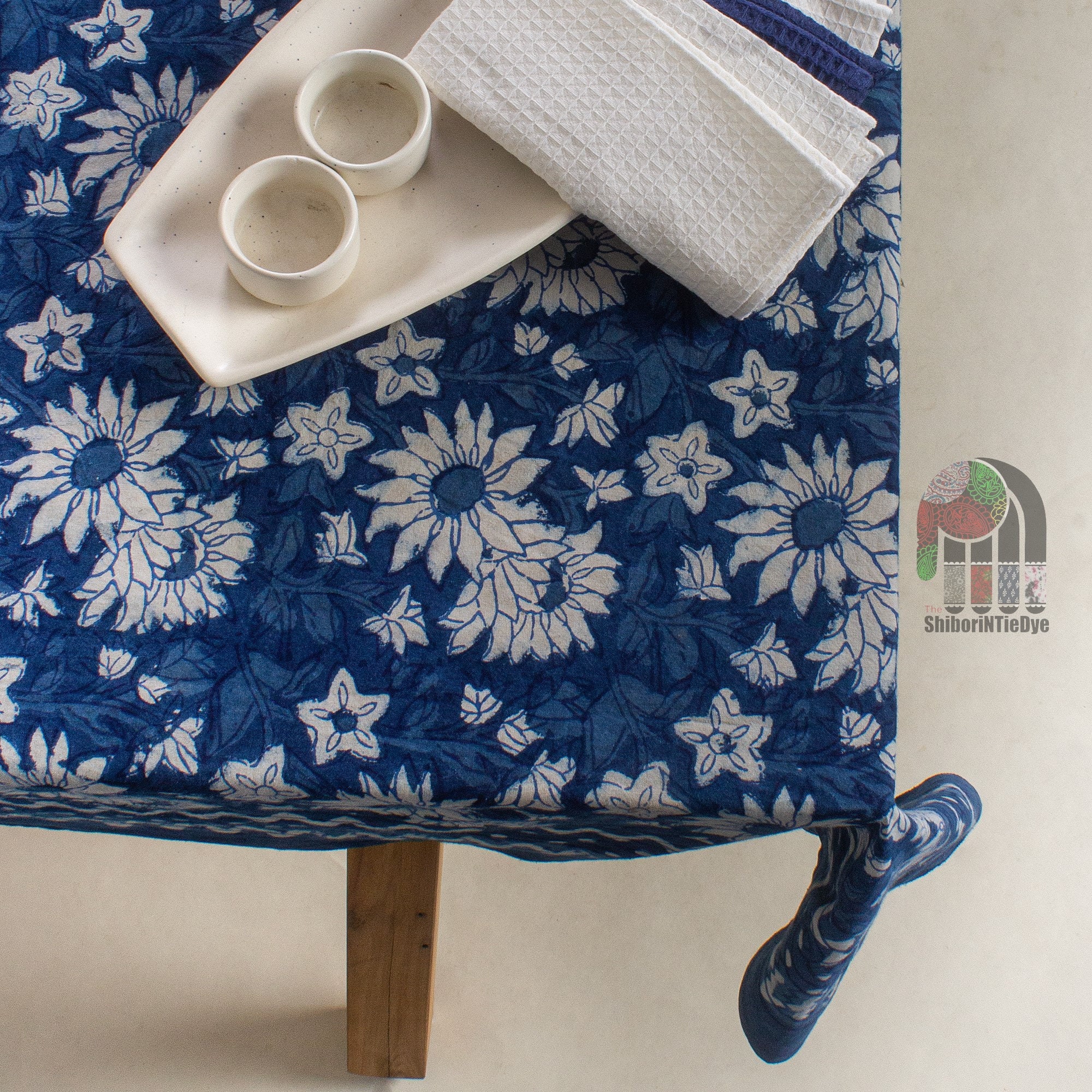 藍染めコットンテーブルクロス、藍染めインドハンドブロックプリント