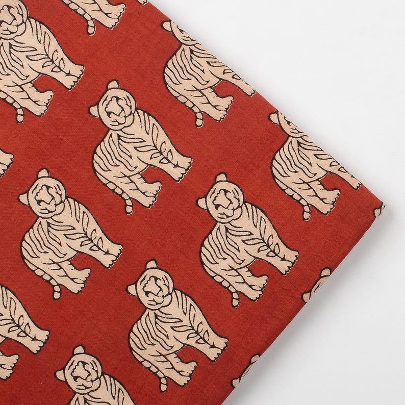 Tiger Animal Print Indian Cotton Hand Block Print Textile Fabric Curtain Pillow Cover Fabric Hand Dyed Fabric For Dressmaking BP#423 Bg Red