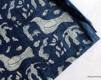 Tissu indigo imprimé en bloc, oiseau, imprimé à la main, tissu indien, teinture végétale naturelle, tissu à coudre, tissu par mètre IBF #08