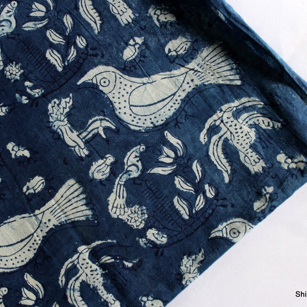 Tissu indigo imprimé en bloc, oiseau, imprimé à la main, tissu indien, teinture végétale naturelle, tissu à coudre, tissu par mètre IBF #08