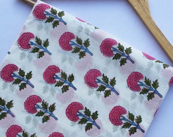Pink Voile Floral Fabric by the yard Block Print Poplin Fabric by The Metre Quilting, Crafts, Sewing Small Flowers Print Fabric HBF#124