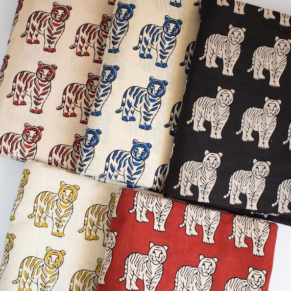 Tiger Animal Print Indian Cotton Hand Block Print Textile Fabric Curtain Pillow Cover Fabric Hand Dyed Fabric For Dressmaking BP#423