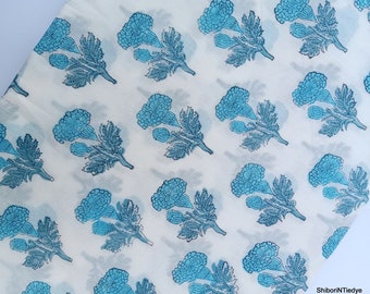 Blue Flower Block Print Fabric: Cotton Soft lightweight Indian Fabric, Foral Printed Womens Clothing fabric HBF#082