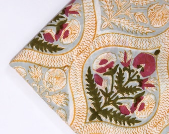 Flower Fabric Block Print Fabric, Indian Voile Cotton Fabric, Floral Lightweight Soft Jaipuri Fabric By The Yard