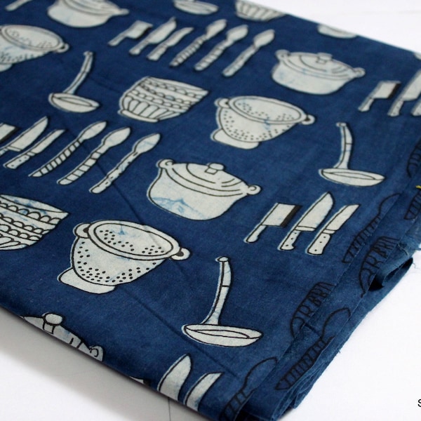 Cooking Baking Fabric Tablecloth Fabric Kitchen Food fabric By The Yard Block Print Cotton Fabric, Womens Dress Indigo Blue Fabric IBF#050