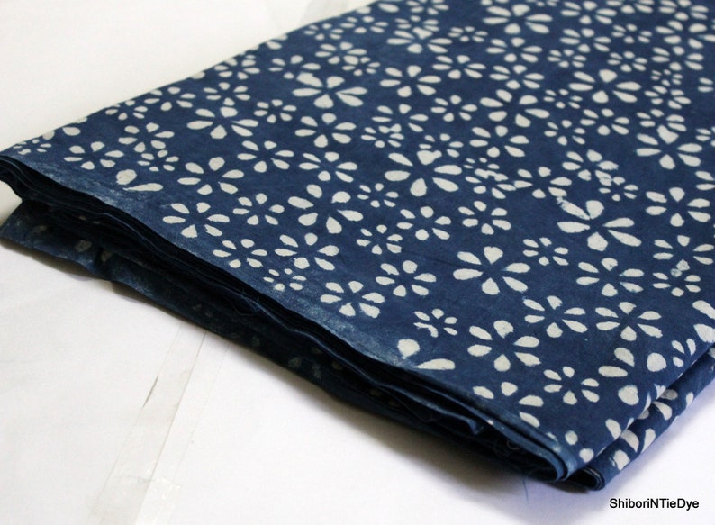 By The Yard Indigo Blue Leaf Print Cotton Fabric, Indian Hand Block Printed Natural Vegetable Dye Wood Block Printed Mud Resist Fab IBF#012