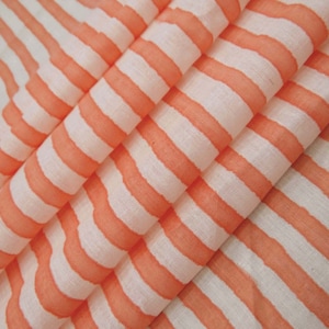Orange Stripes Fabric Indian Cotton Fashion Sewing Fabric, Dressmaking Block Print 100% Cotton Running Fabric, Striped Voile Fabric HBF#046