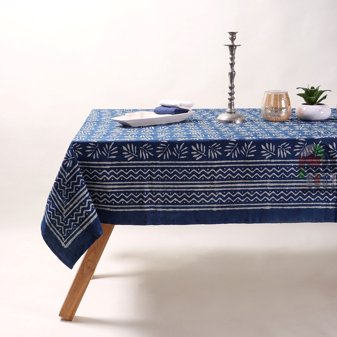 Mud Block Cotton Block Print Linen, Indian Indigo Dyed Blue Printed