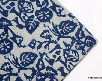 Leaf Print Block Printed Fabric Royal Indigo Blue Lightweight Soft Fabric Indian Pure Cotton Fabric, Dabu Print Fabric By The Yard IBF#105