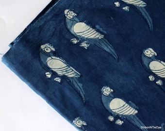 Indigo Bird Print Fabric cotton parrot Block Print Fabric, Hand Dyed Fabric, 100% Indian Printed Fabric by the yard IBF#04