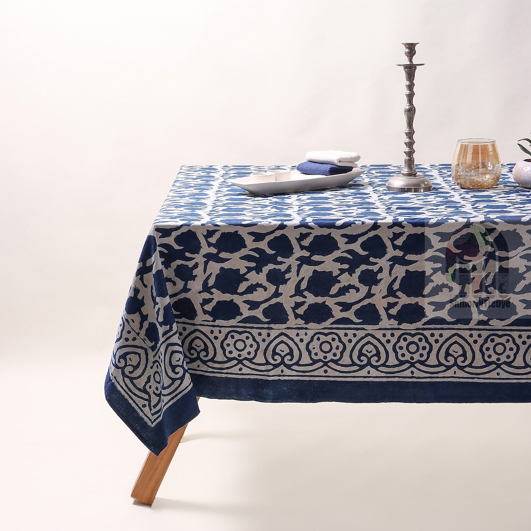 Blue Indigo Blue Cotton Tablecloth Hand Block Print Etsy