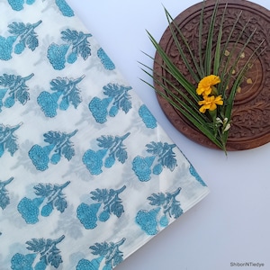 Blue Flower Cotton fabric Block Print Fabric, Summer Soft lightweight Indian Fabric, Hand Printed Womens Clothing fabric HBF#082