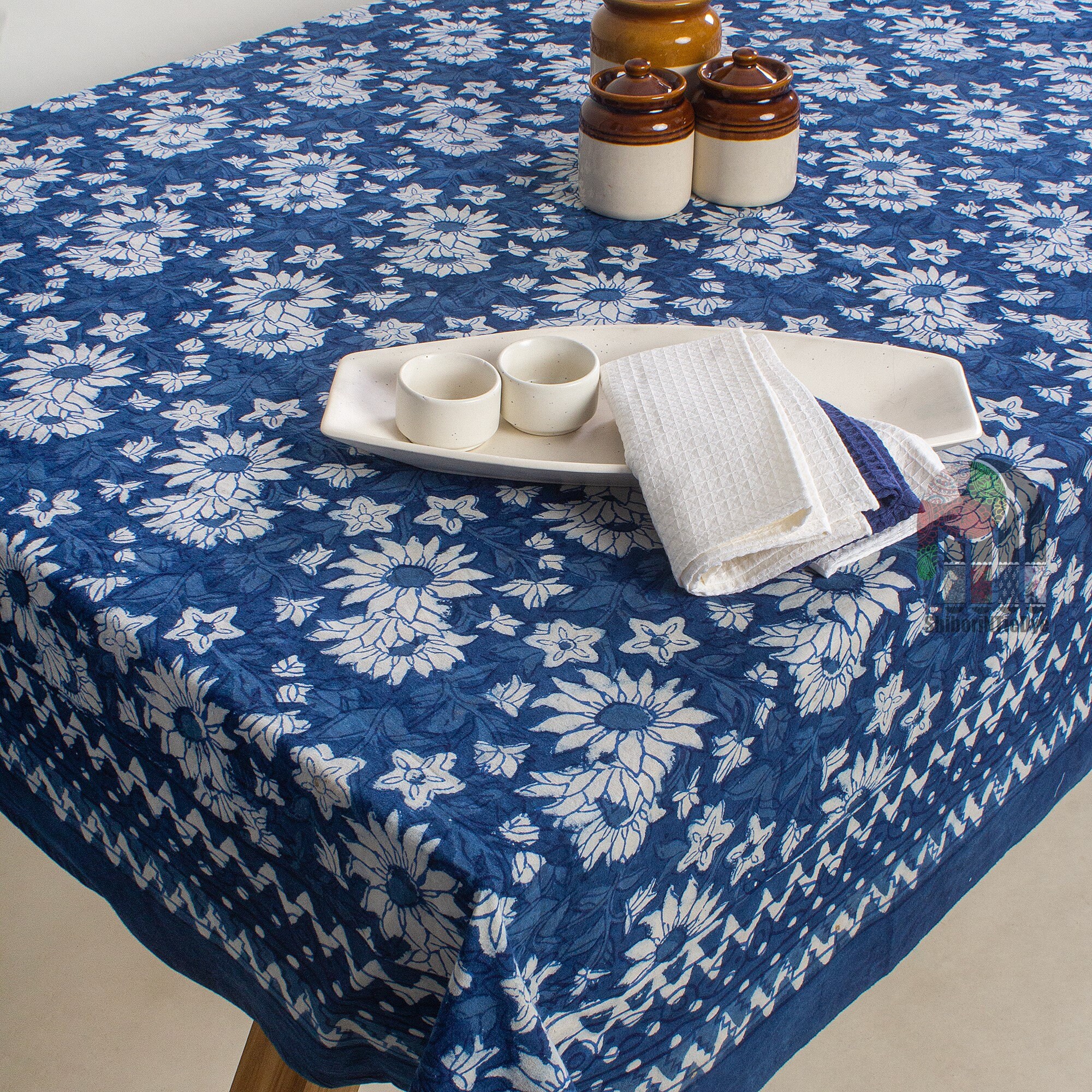 藍染めコットンテーブルクロス、藍染めインドハンドブロックプリント