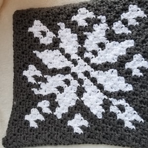 May include: A square, crocheted pillow in dark gray with a large white snowflake design. The snowflake is centered on the pillow and is made of white yarn. The pillow is resting on a soft, white surface.