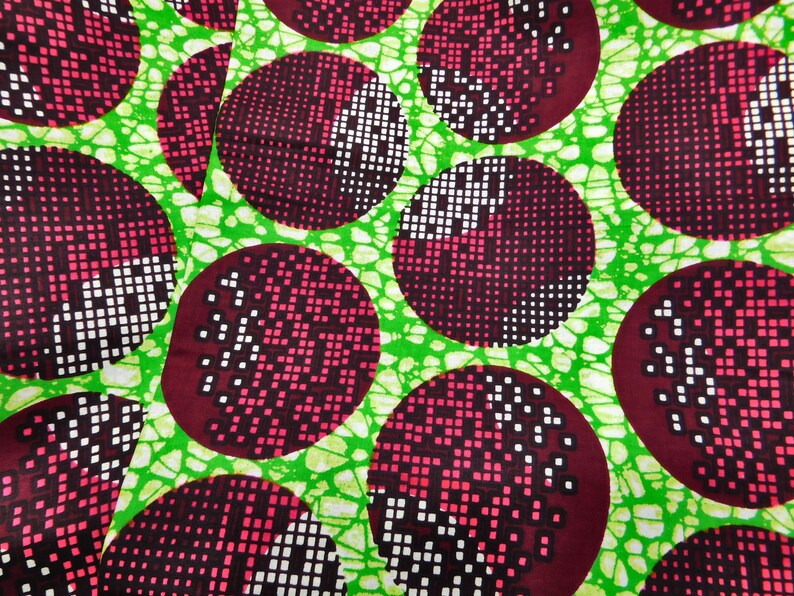 Wax batik fabric 0.5 meters pixel circles dark red on | Etsy