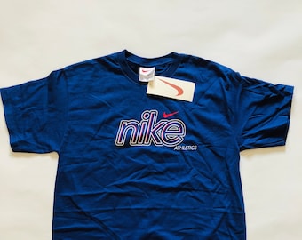 Deadstock vintage Nike Made In USA Navy Blue T-Shirt Rouge Grand Logo Des Années 1980 Top
