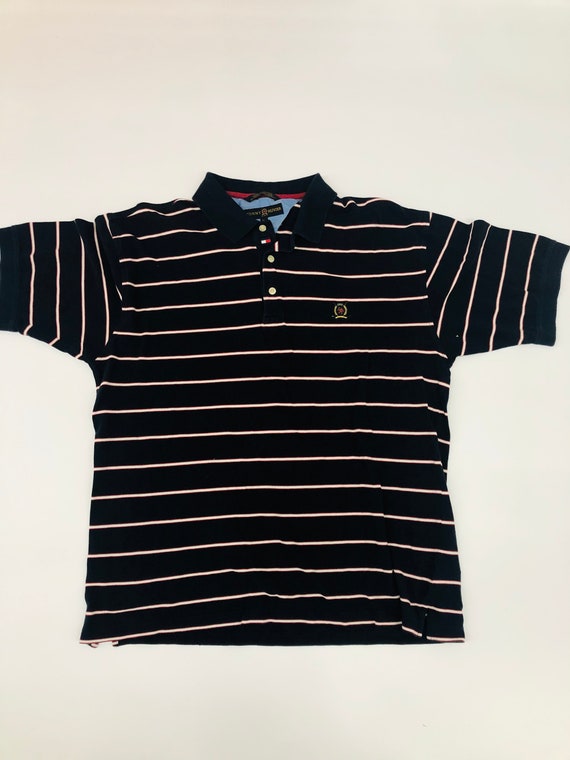 Vintage Tommy Hilfiger Polo Vertical Stripes Navy Blue Red White