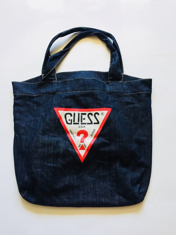 Vintage Guess Tote Denim Bag Purse Side Red White Blu… - Gem