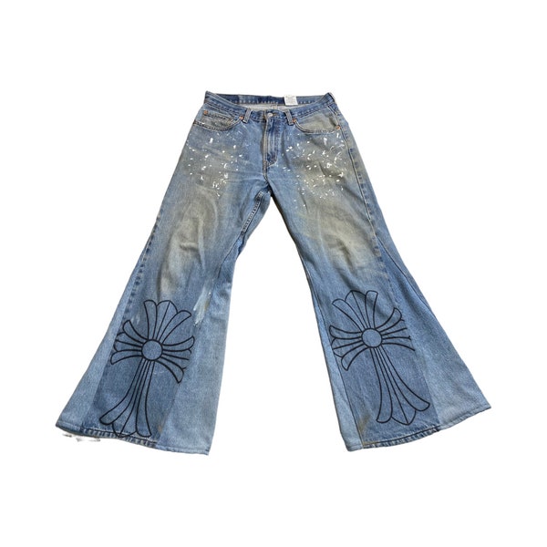 Vintage Levis Custom Flare Jeans Hippie Printed Wide Leg Jeans Chrome Hearts Kapital Butterfly Big Logo Pants