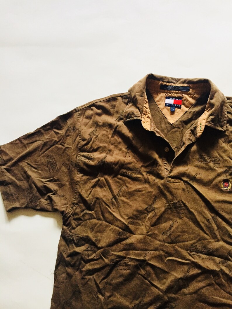 Vintage Tommy Hilfiger Safari Polo Brown Beige Animal Shirt Top
