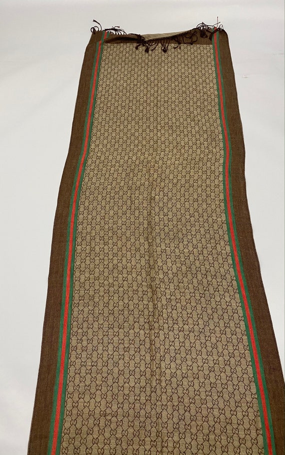 Vintage Gucci GG Web Wool Scarf Brown Red Wool Sil