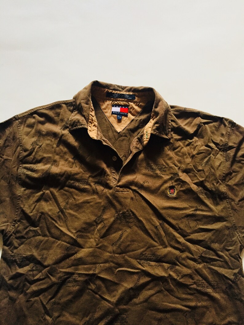 Vintage Tommy Hilfiger Safari Polo Brown Beige Animal Shirt Top