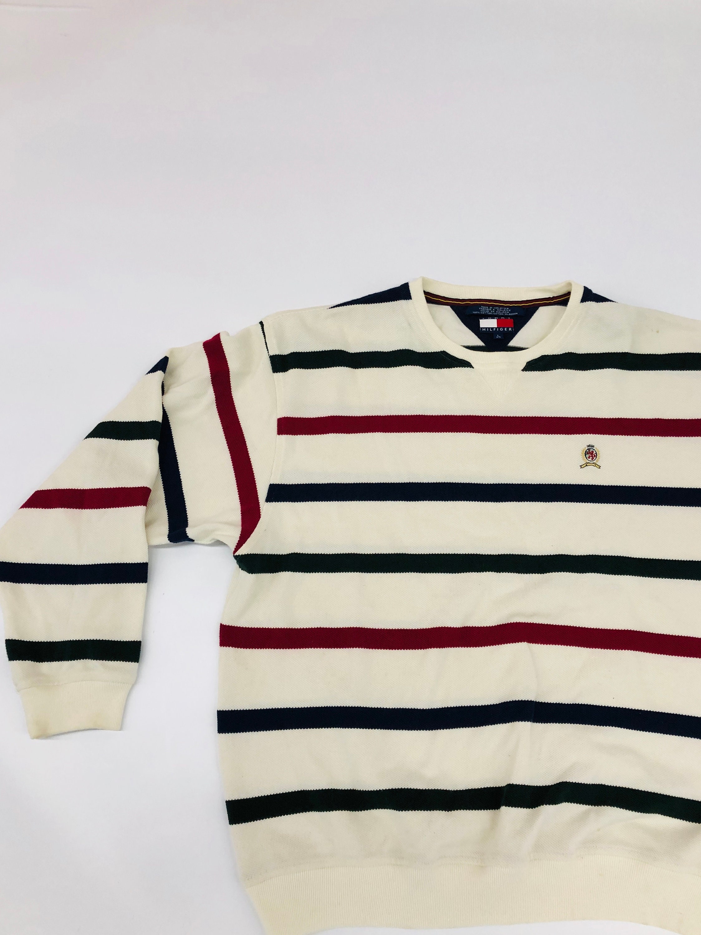 FairAndWear Vintage Tommy Hilfiger Long Sleeve White Red Green Small Crest Shirt Crewneck Sweater