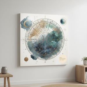 May include: A square canvas print featuring a watercolor-style celestial map in shades of blue, green, and gold. The design includes circular patterns, astrological symbols, and a crescent moon. A small, round label with text is visible.