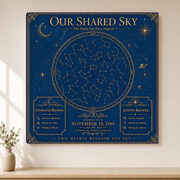 Personalized Wedding Star Map Canvas, Couple Birth Chart Wall Art, Custom Natal Chart Anniversary Gift, Sun Moon Rising Print