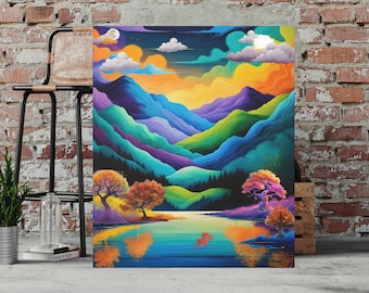 Colorful Surreal Landscape Canvas Print: Vibrant Mountain Lake Artwork