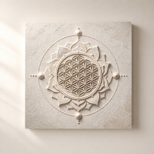 3D Textured Flower of Life Canvas Wall Art Sacred Geometry Lotus Mandala  Plaster Relief Neutral Boho Decor  Meditation Room Art