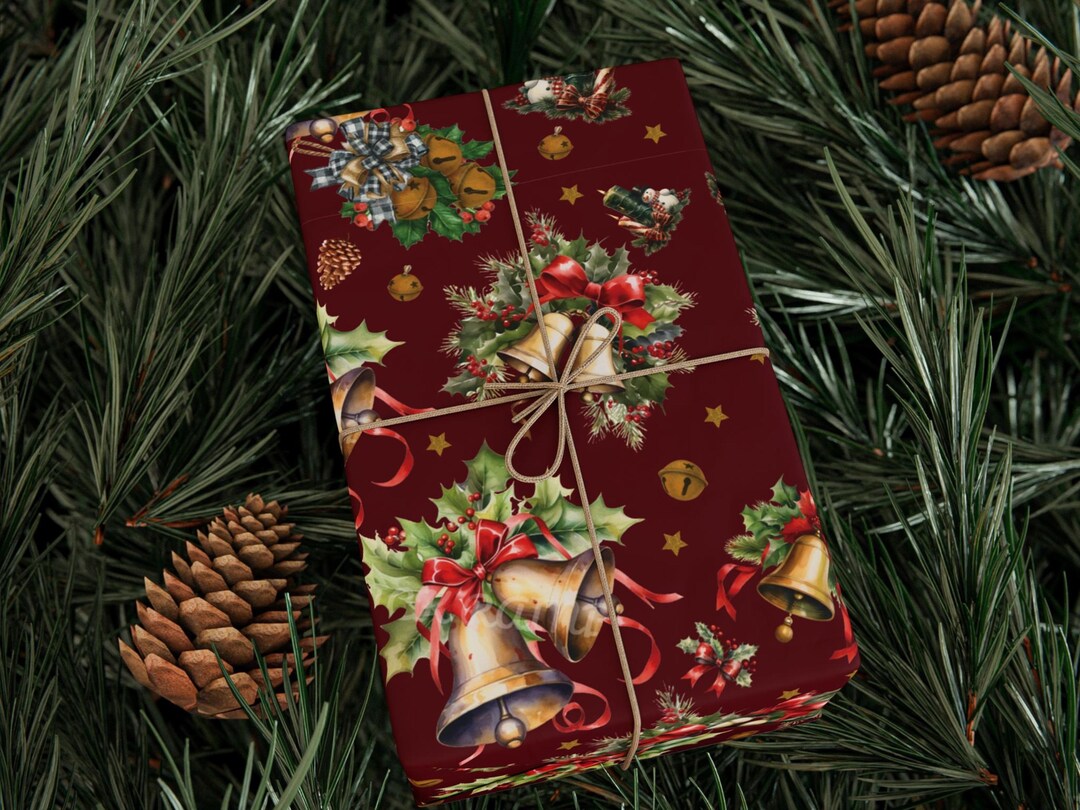 Wrapping Paper, Christmas Gift Wrap, Holiday Bells, Evergreens, Deep ...