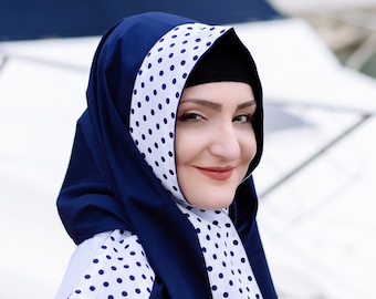 Stylish Navy Blue Hijab with Blue Spots Polka Dot Hijab Ready to Go Blue Dotted Hijab with Snap Button