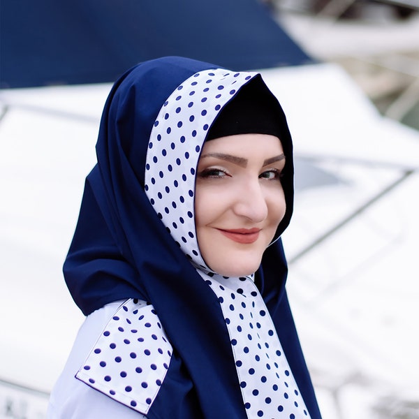 Hijab bleu marine élégant avec pois bleus Hijab à pois prêt à partir Hijab à pois bleu avec bouton pression