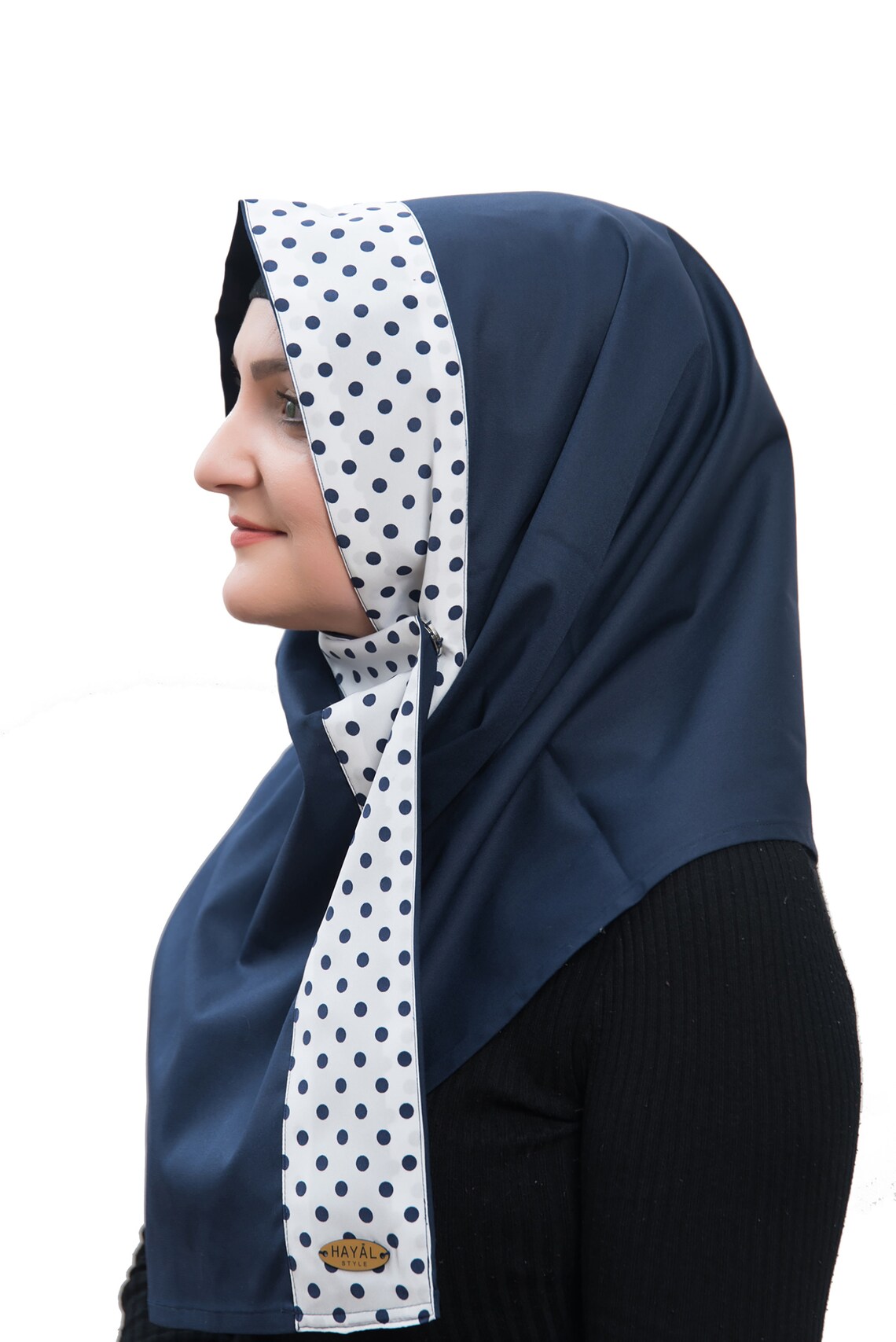 Stylish Navy Blue Hijab With Blue Spots Polka Dot Hijab Ready to Go