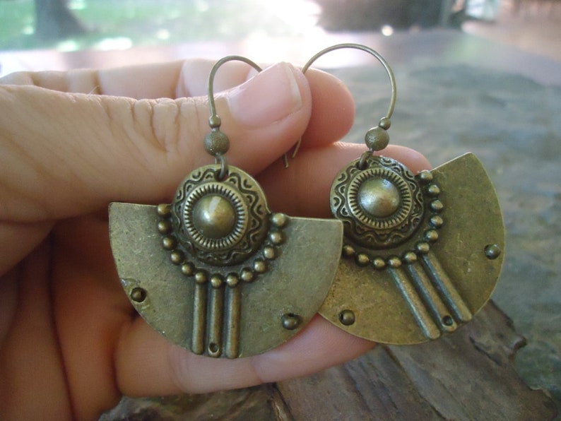Tribal Boho Bronze Earrings Greatly Decorated