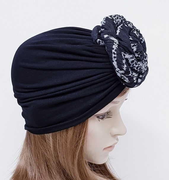 Donut Turban Black Top Knot Turban Viscose Jersey Turban with Rosette