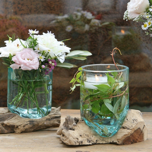 Vase Recyclingglas transparentgrün auf Wurzelholz Deko Glasgefäß Naturdeko Windlicht Recycling Glas auf Wurzelwerk natur