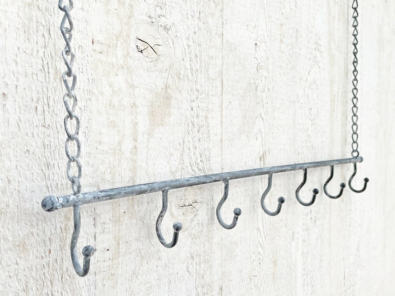 Shabby hanging bar metal gray hook bar for hanging with 7 hooks decorative hanger image 1