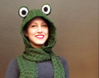 PATTERN: Hooded Frog Scarf with Pockets Crochet Pattern (American English, US terminology)