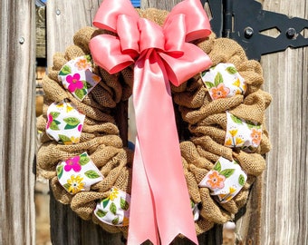 Wreath for Front Door, Spring Door Hanger, Burlap Wreath With Bow, Decorative Gift for New Home Owner, Mothers Day Gift for Grandma