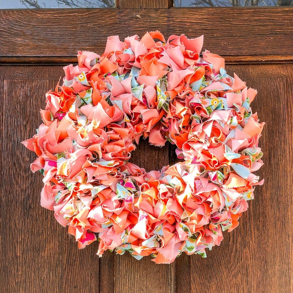 Tropical Valentine Wreath for Front Door, Peach and Teal Door Hanger, Vibrant Home Gifts for New House, Colorful Spring Decor, Rag Wreath